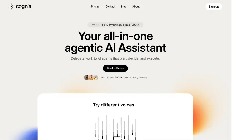 AI assistant landing with demo panel, Cognia sample Web screen