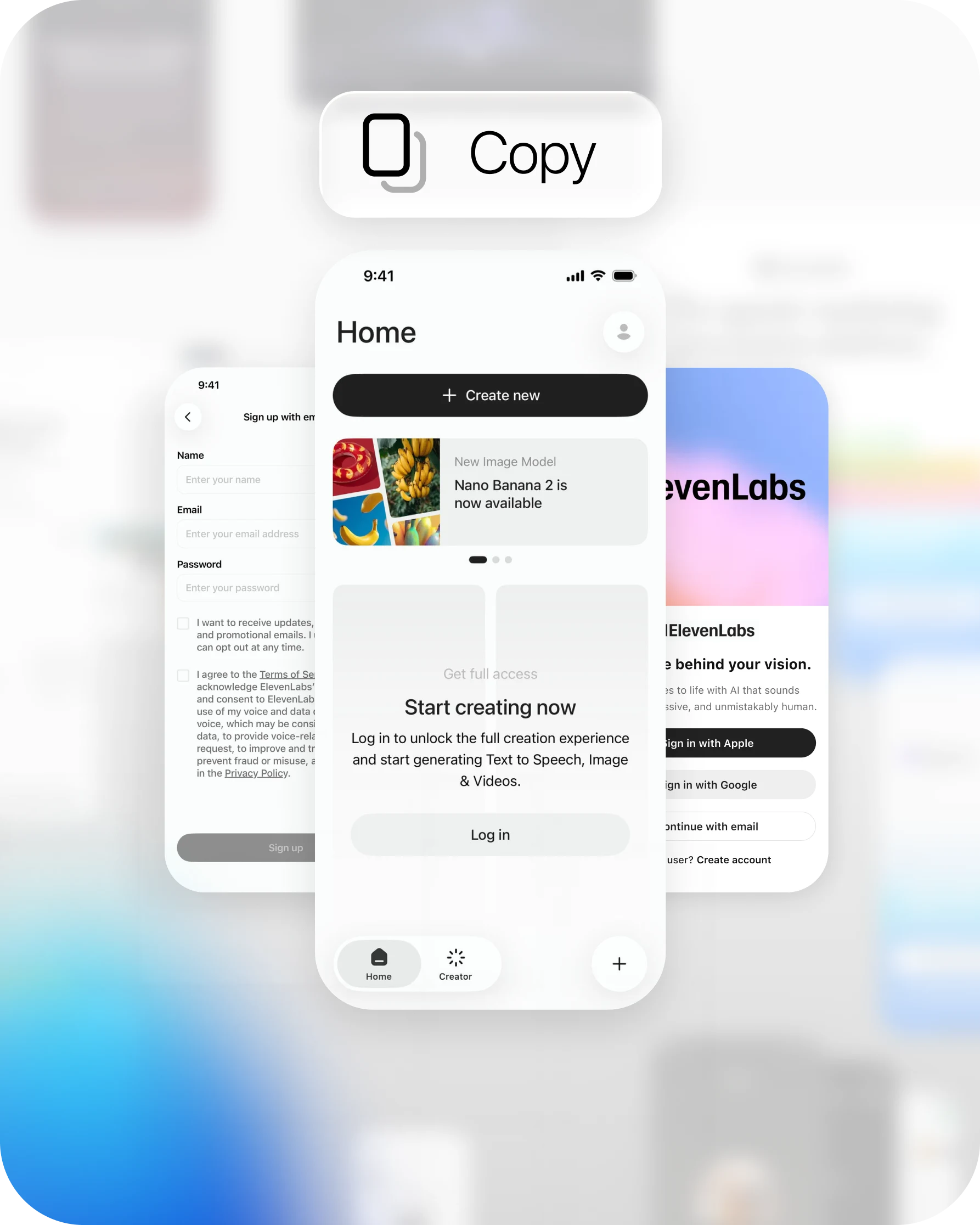Real app screens being copied out of the Flaude library, with a Copy button