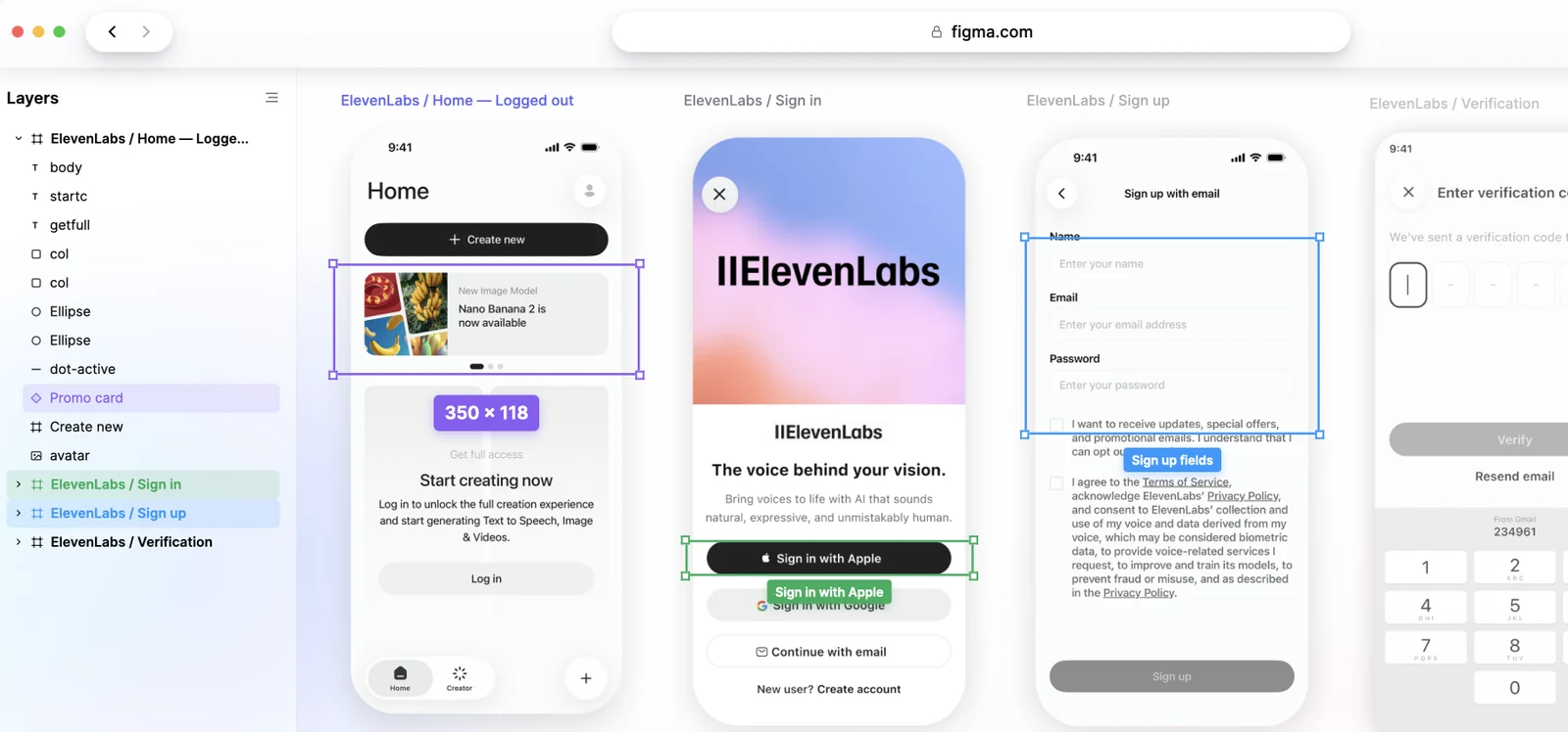 An ElevenLabs sign-up flow pasted into Figma with its full layer tree intact