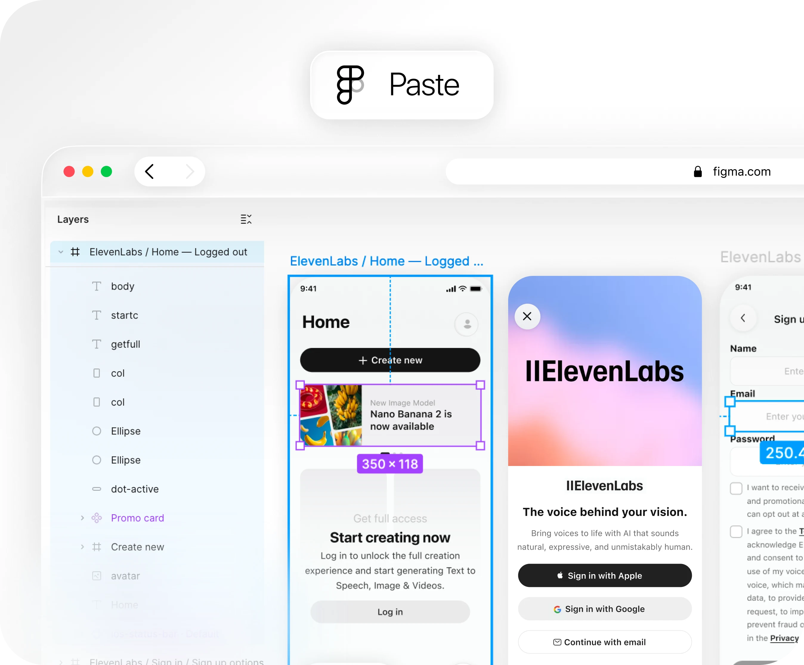 A whole app's screens (home, sign-up, and verification) pasted into Figma as a connected flow